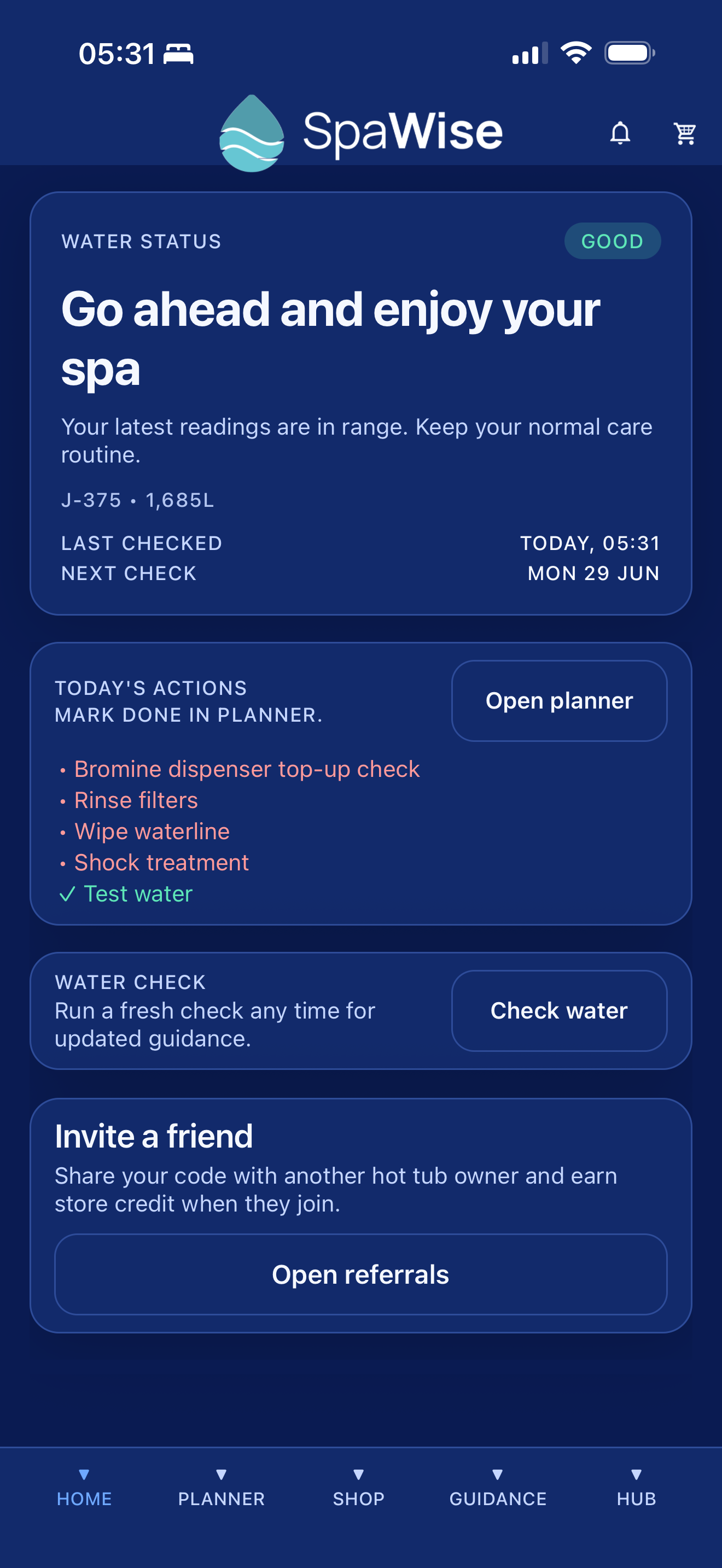See your Water Status in the SpaWise app